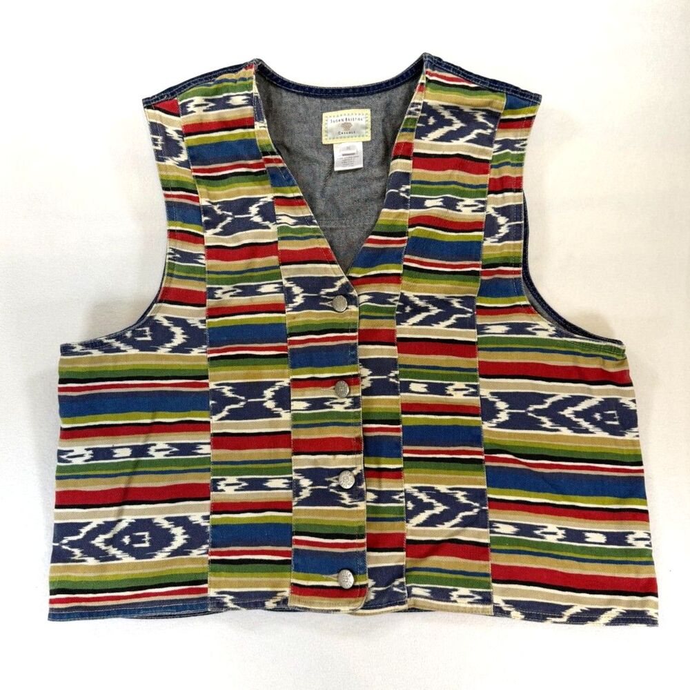 VTG 90s Susan Bristol Southwestern Vest Women XL Denim Back Aztec Woven Crop
